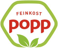 Feinkost Popp-Logo: Grüner rahmen, unten Bätter, innen Firmenname in roter Schrift auf weißem Grund.