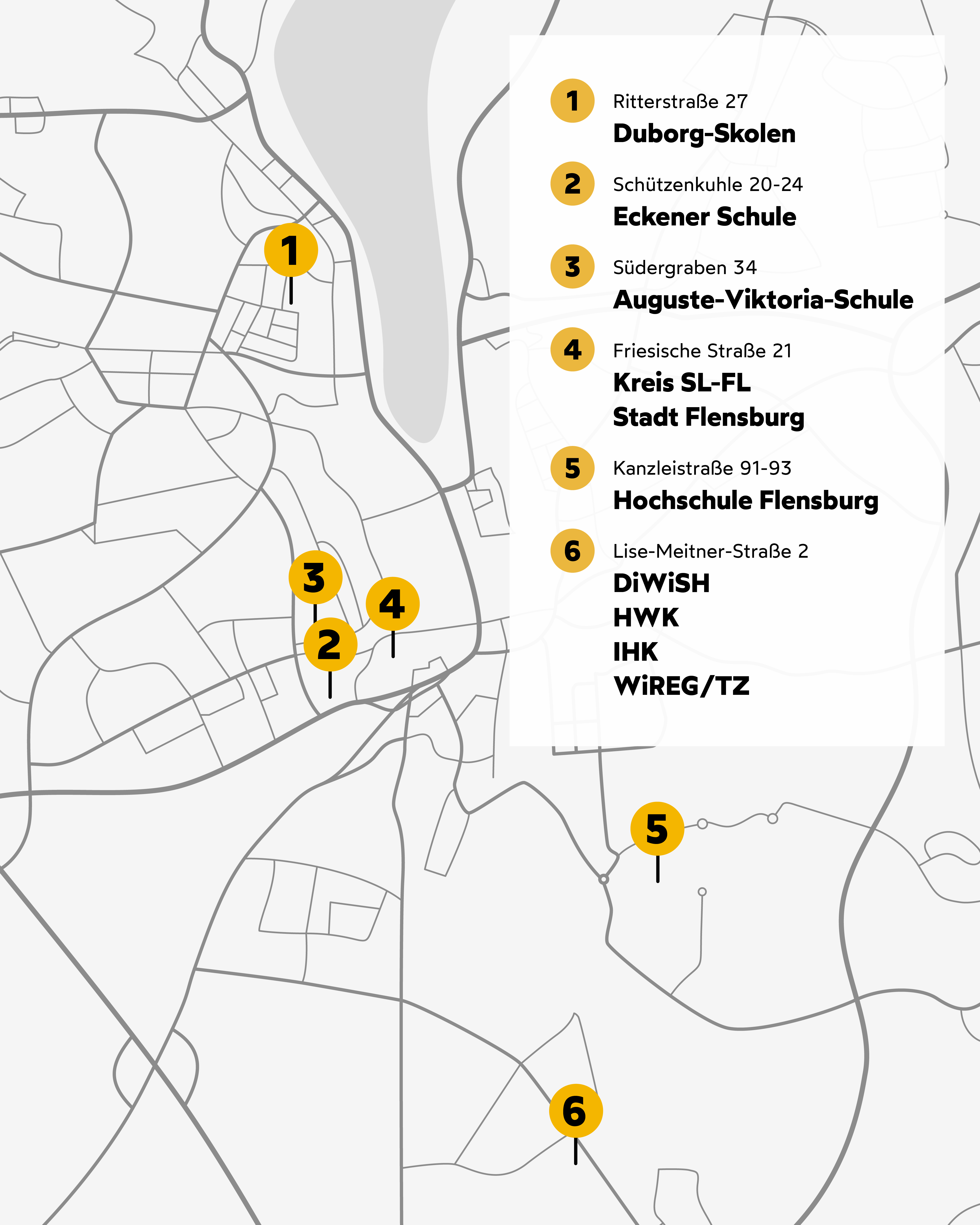 Karte von Flensburg mit verscheidenen Veranstaltungsorten.