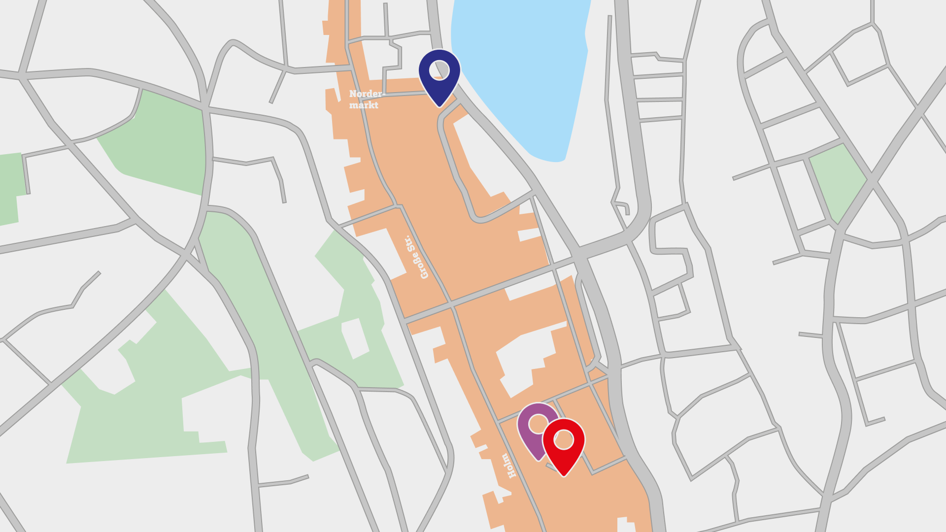 Kartenausschnitt der Flensburger Innenstadt, drei Orte sind mit farbigen Markern gekennzeichnet.