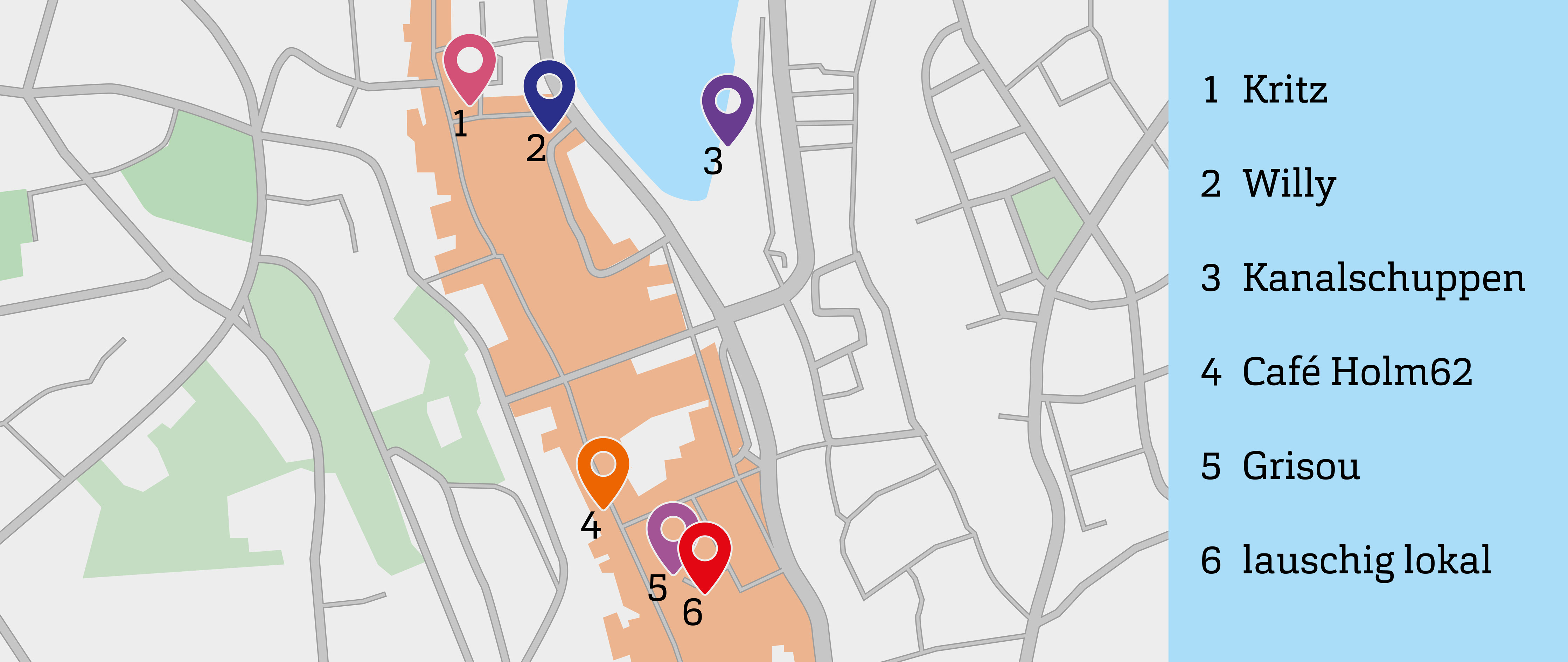 Kartenausschnitt der Flensburger Innenstadt, sechs Orte sind mit farbigen Markern gekennzeichnet.