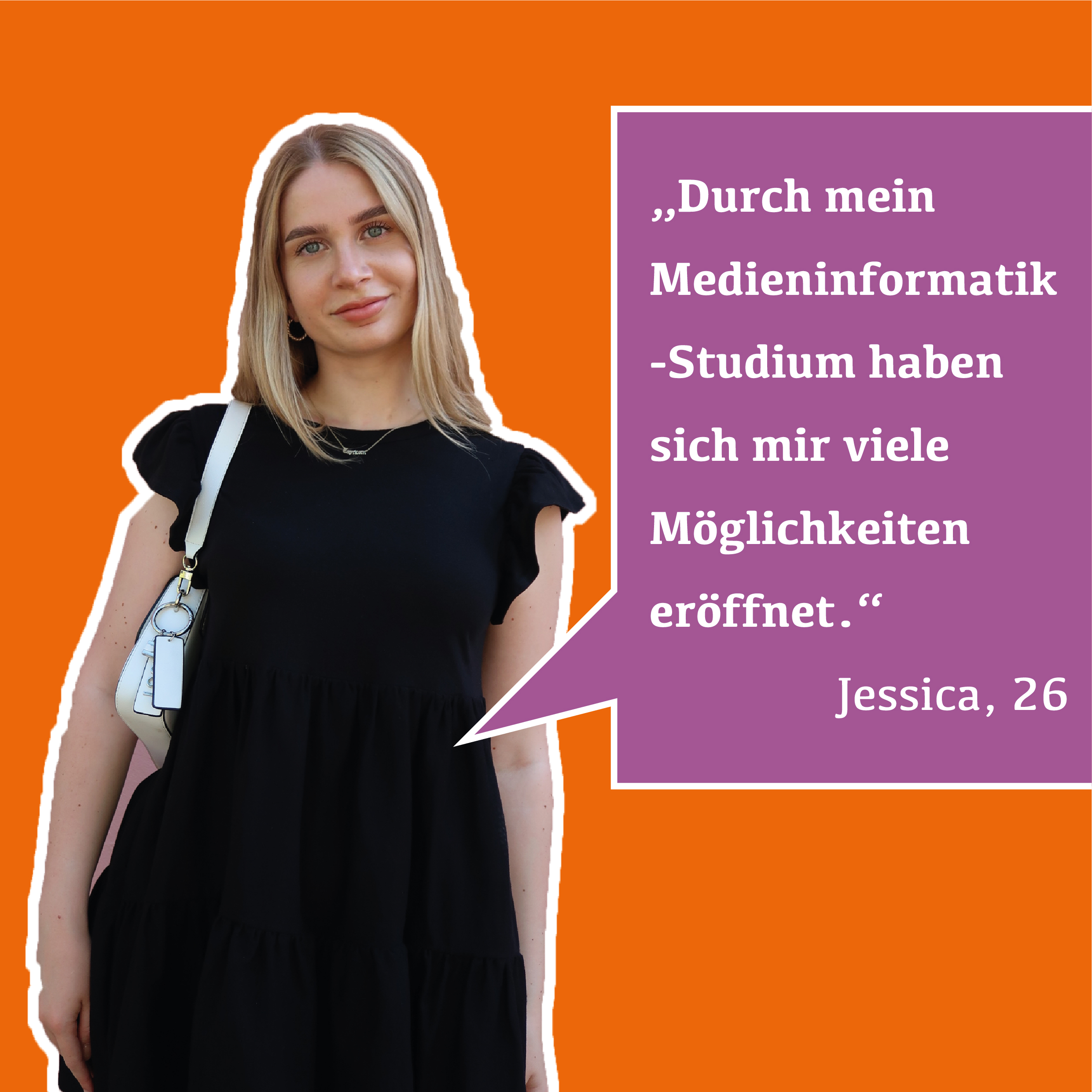 Grafik: Links eine junge Frau mit blonden Haaren, rechts eine Sprechblase: Durch mein Medieninformatik-Studium haben sich mir viele Möglichkeiten eröffnet.