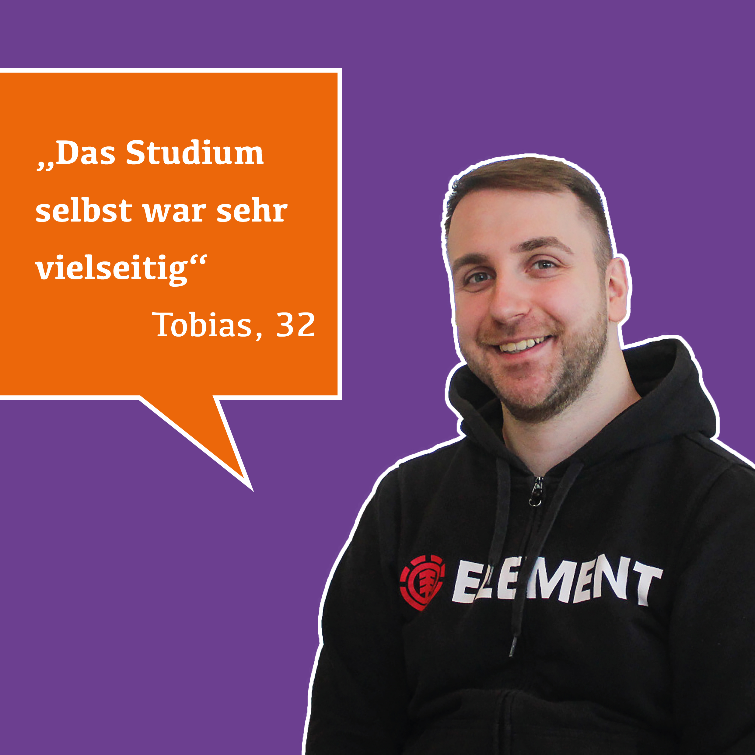 Grafik: Rechts ein junger Mann mit kurzen Haaren und Bart, links eine Sprechblase: Das Studium selbst war sehr vielseitig.