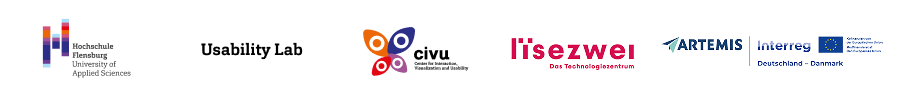 Logos der organiserenden Institutionen: Hochcshule Flensburg, Usability Lab, CIVU, lisezwei, ARTEMIS, Interreg-Programm