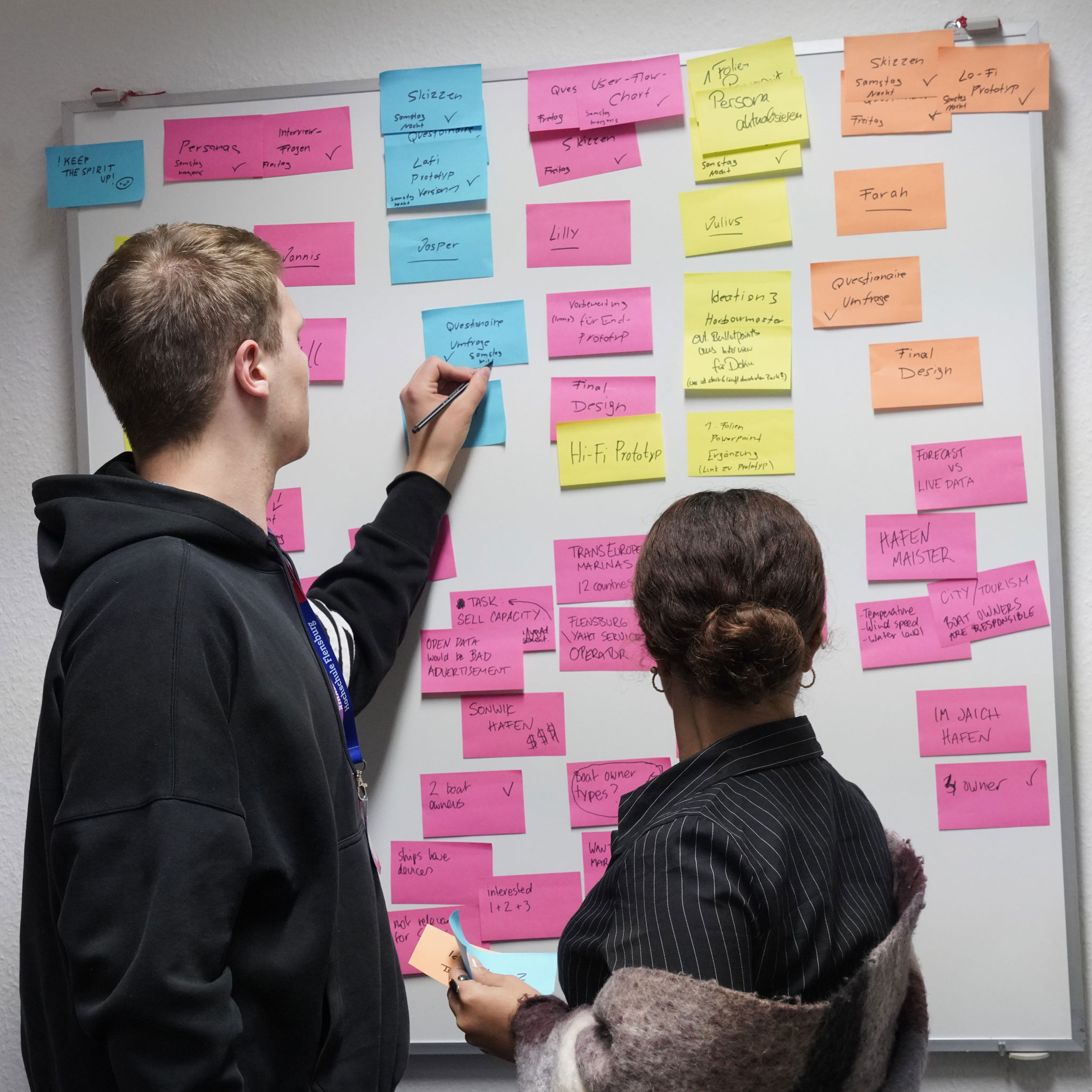 Zwei Menschen vor einer Wand mit bunten Klebezetteln.