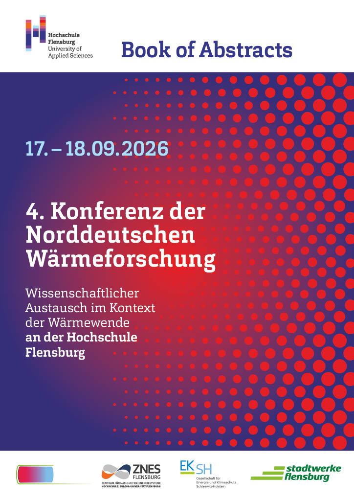 Grafik: Blauer Hintergrund mit roten Punkten, dazu die Logos der Hochschule Flensburg, des ZNES, der EKSH und der Stadtwerke Flensburg sowie Text: Book of Abstracts. 17.-18.09.2026. 4. Konferenz der Norddeutschen Wärmeforschung. Wissenschaftlicher Austausch im Kontext der Wärmewende an der Hochschule Flensburg.