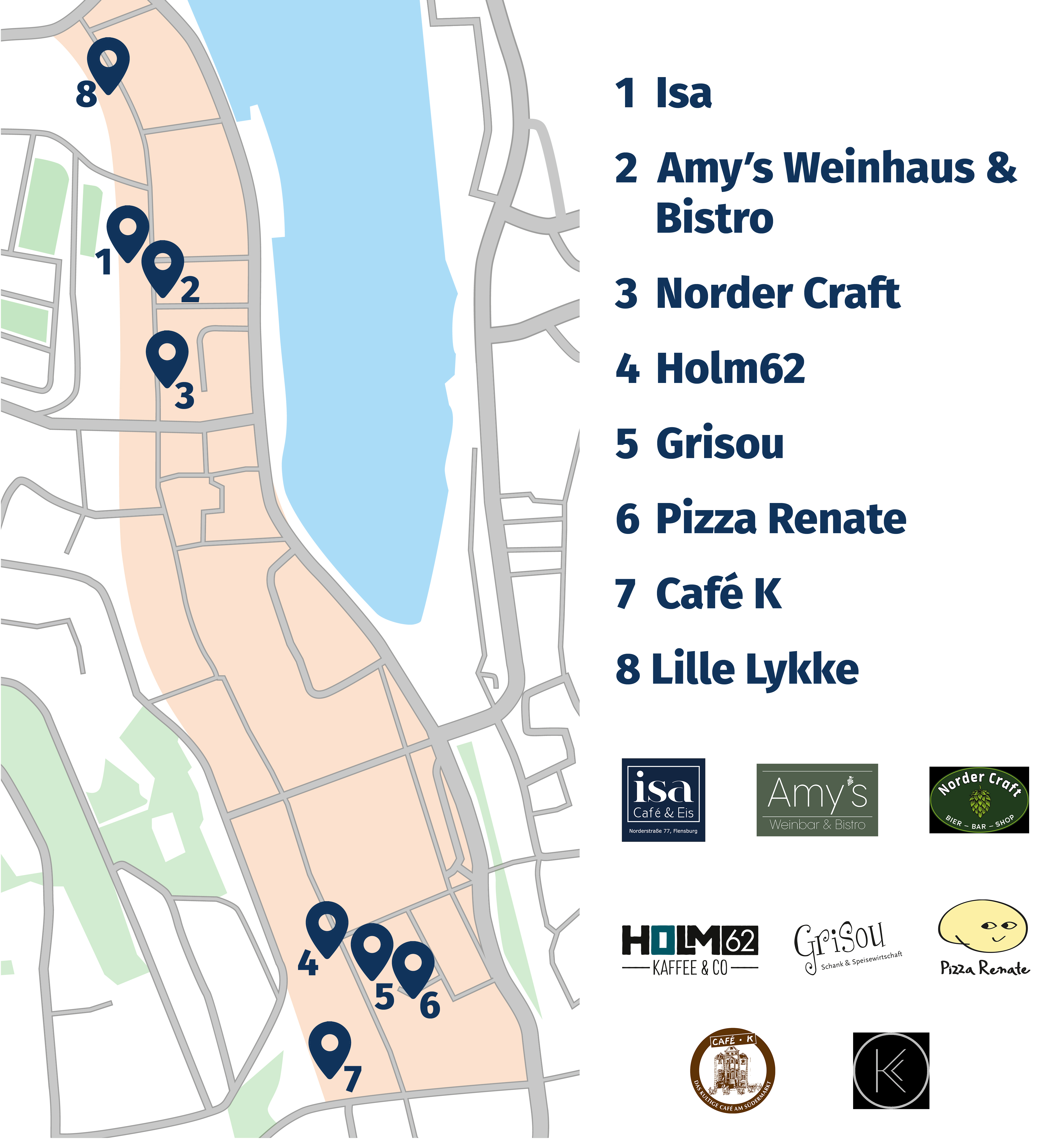 Kartenausschnitt der Flensburger Innenstadt, acht Orte sind mit Markern gekennzeichnet. Daneben Text: Isa, Amy's Weinhaus & Bistro, Norder Craft, Holm62, Grisou, Pizza Renate, Café K, Lille Lykke