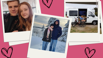 Rosaner Hintergrund mit gezeichneten schwarzen Herzen, darauf Polaroud-Bilder von drei jungen Paaren.