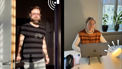 Eine Collage, links ein mann, rechts eine Frau an verschiednenen Orten. Piktogramme deuten an, dass sie verbunden sind