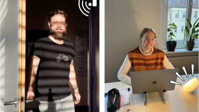 Eine Collage, links ein mann, rechts eine Frau an verschiednenen Orten. Piktogramme deuten an, dass sie verbunden sind