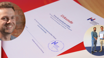 Nahaufnahme einer Urkunde der Hochschule Flensburg, daneben Portraitfoto von Phil Hanisch und ein Foto von Phil Hanisch, der dieselbe Urkunde verliehen bekommt.