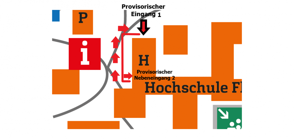Skizze der provisorischen Gebäudezugänge