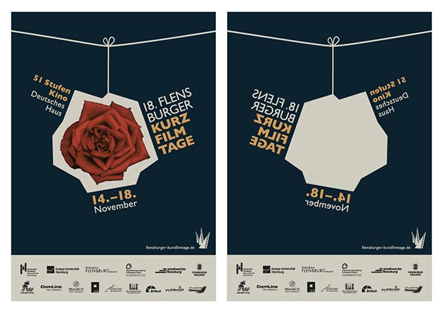 2 zusammengehörige Plakate: Dunkelblauer Grund mit Schrift darauf, im Bildzentrum auf einer seite der Umriss einer Rose, auf der anderen ein Bild einer Rose in diesem Umriss.