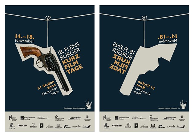 2 zusammengehörige Plakate: Dunkelblauer Grund mit Schrift darauf, im Bildzentrum auf einer seite der Umriss einer Pistole, auf der anderen ein Bild einer Pistole in diesem Umriss.