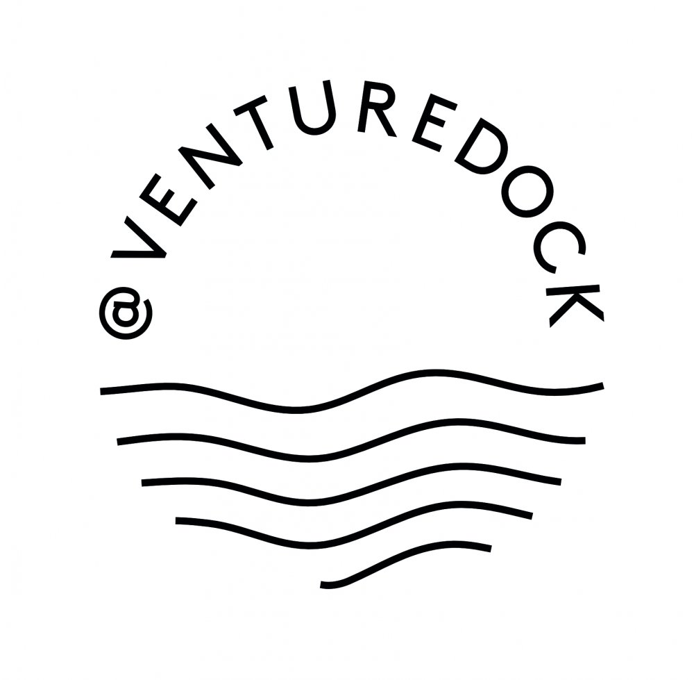kreisförmiges Logo, oben im Halbkreis ein Schriftzug: @venturedock, unten stilisierte Wellen.