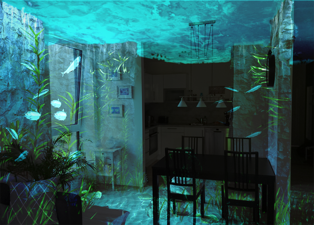 Wohnküche mit übergeblendeter virtueller Unterwasserwelt