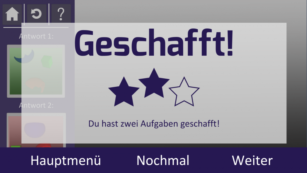 Screenhot der SonoGame App, hier mit der Meldung &quot;Geschafft - Du hast zwei Aufgaben geschafft&quot;