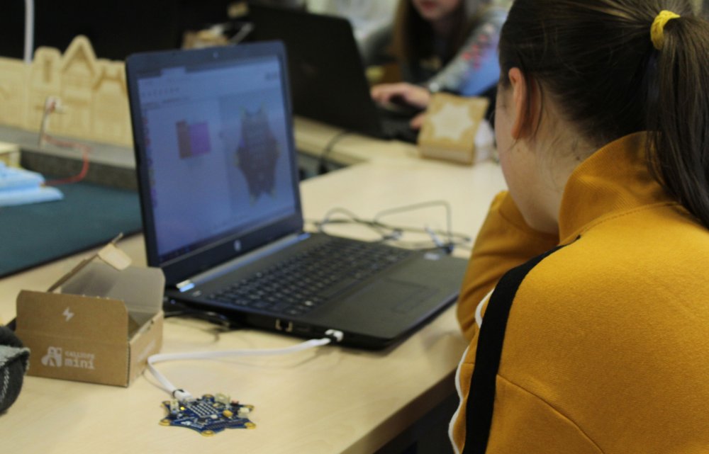 Junge Frau vor einem Laptop, neben ihr technisches Zubehör.