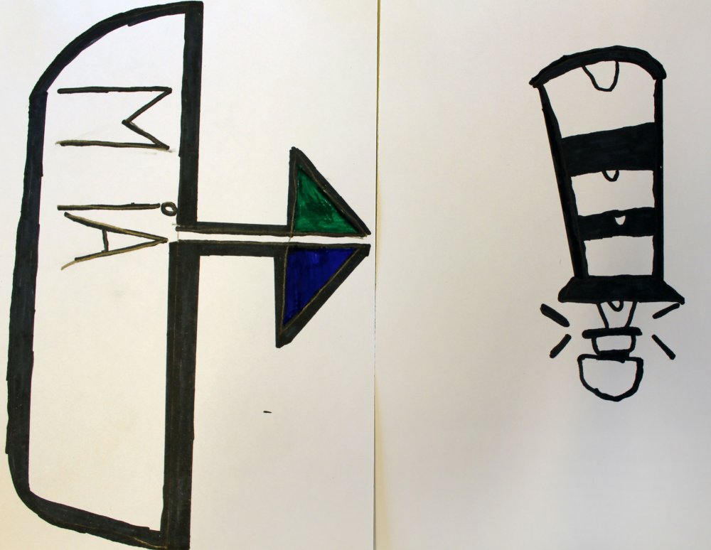 Motiventwurf: Boot und Leuchtturm.