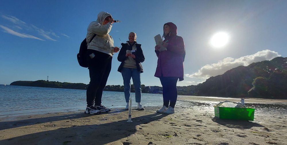 Am Strand sammeln die Schüler*innen Proben, die sie im Labor analysieren. 