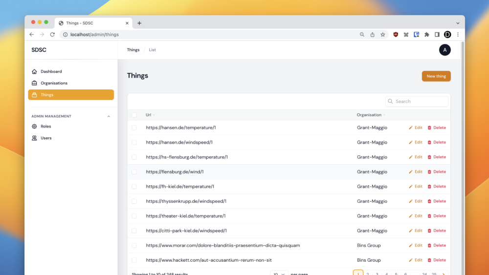 Backend-Ansicht der entwickelten Anwendung
