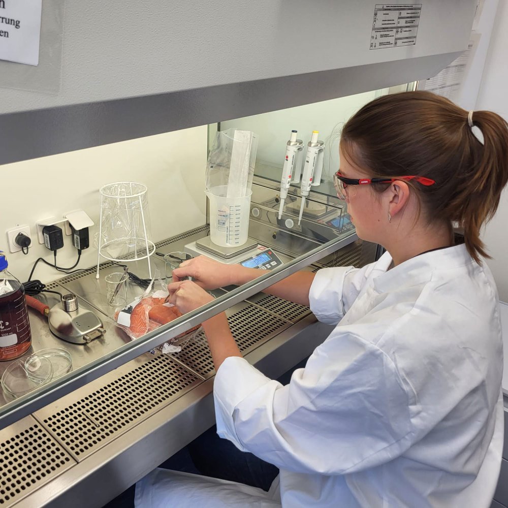 Studentinm im Labor: Sie trägt Laborkittel und arbeitet hinter einer Schutzscheibe mit Reagenzglas und Pipette.