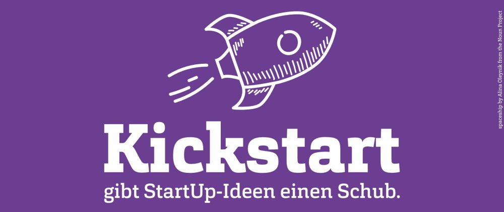 Weißes Raketen-Icon vor einem lilanen Hintergrund, darunter der weiße Schriftzug "Kickstart gibt StartUp-Ideen einen Schub."