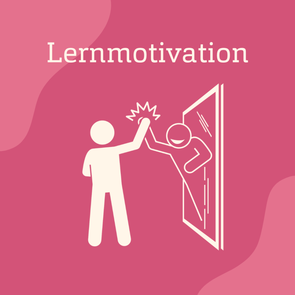 Rosaner Hintergrund mit dem Schriftzug &quot;Lernmotivation&quot; und der Zeichnung einer Person, die mit ihrem Spiegelbild einschlägt.
