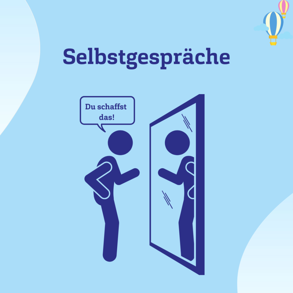 Hellblauer Hintergrund mit dem Schriftzug &quot;Selbstgespräche&quot; und der Zeichnung einer Person, die zu ihrem Spiegelbild sagt &quot;Du schaffst das!&quot;