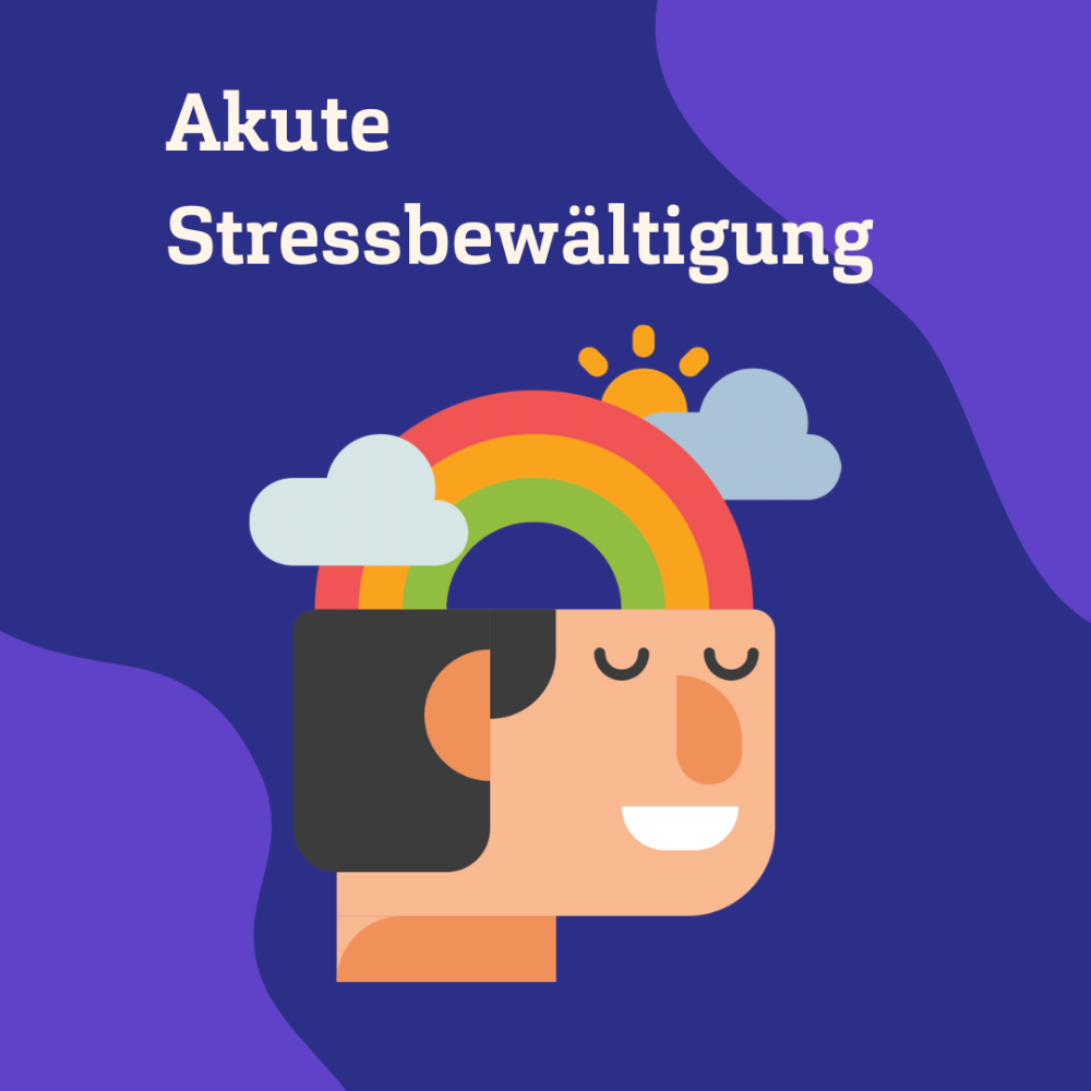 Dunkelblauer Hintergrund mit dem Schriftzug &quot;Akute Stressbewältigung&quot; und der Zeichnung eines lächelnden Kopfes, aus dem ein Regenbogen entspringt.