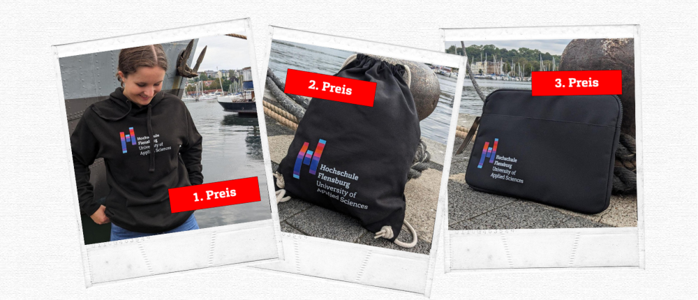 Dreo Polaroid-Fotos: Auf dem ersten ein schwarzer Hoodie, auf dem zweiten ein schwarzer Turnbeutel, auf dem dritten eine schwarze Laptoptasche jeweils mit dem Logo der Hochschule Flensburg.