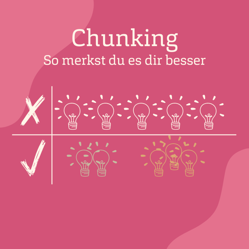 Rosaner Hintergrund mit dem Schriftzug &quot;Chunking. So merkst du es dir besser&quot;. Darunter eine zweizeilige Tabelle, in der ersten Zeile ein X und mehrere einzelne Glühbirnen, in der zweiten ein Haken und ein Zweier- sowie ein Dreierpäckchen von Glühbirnen.