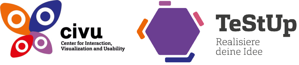 Die Logos vom CIVU und TeStUp: Ein stilisierter Schmetterlin mit jeweils einem orangenen, blauen, roten und lilanen Flügel, daneben der Schriftzug CIVU - Center for Interaction, Visualization and Usabilty. Daneben ein lilanes Rechteck mit farbigen Balken rundherum, mit dem Schriftzug &quot;TeStUp - Realisiere deine Idee&quot;