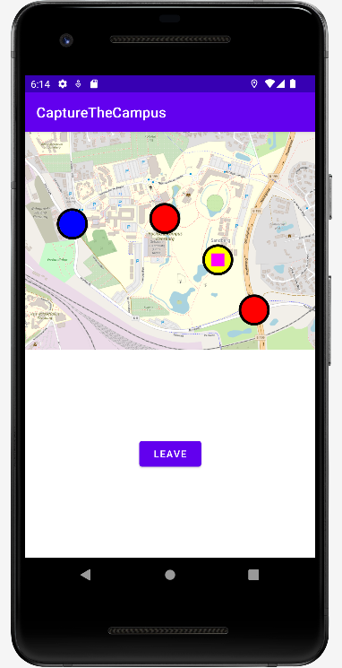 Smartphone-Screen, auf dem eine Karte des Flensburger Campus zu sehen ist, darauf mehrere farbige Kreise und darüber der Schriftzug &quot;CaptureTheCampus&quot;.