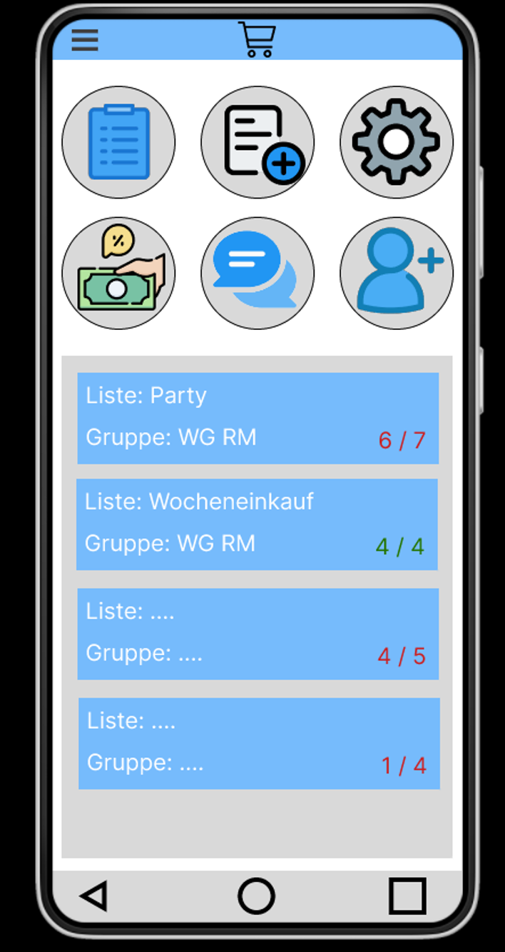 Smartphone-Screen mit einer App-Oberfläche. Oben sechs Icons: ein Klemmbrett, eine Liste, ein Zahnrad, eine Hand mit einem Geldschein und einem Prozentzeichen, eine Sprechblase und eine Person. Darunter vier Kacheln mit den Schriftzügen &quot;Liste: Party; Gruppe WG RM&quot;; Liste: Wocheneinkauf; Gruppe: WG RM&quot; und zwei unausgefüllte Kacheln.
