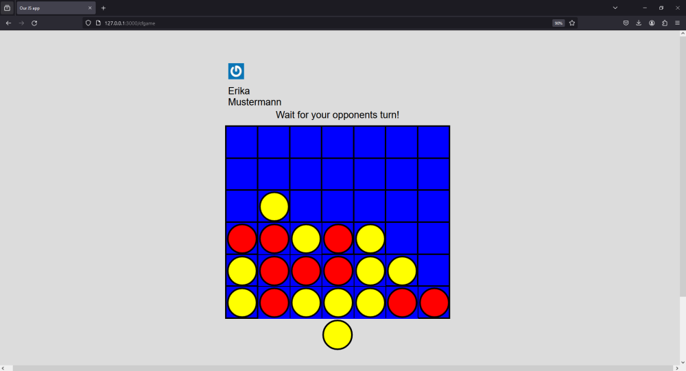 Screenshot eines digitalen &quot;Vier Gewinnt&quot;-Spiels: Ein blaues Raster mit Stapeln von roten und gelben Kreisen. Darüber steht: &quot;Erika Mustermann. Wait for your opponents turn!&quot;