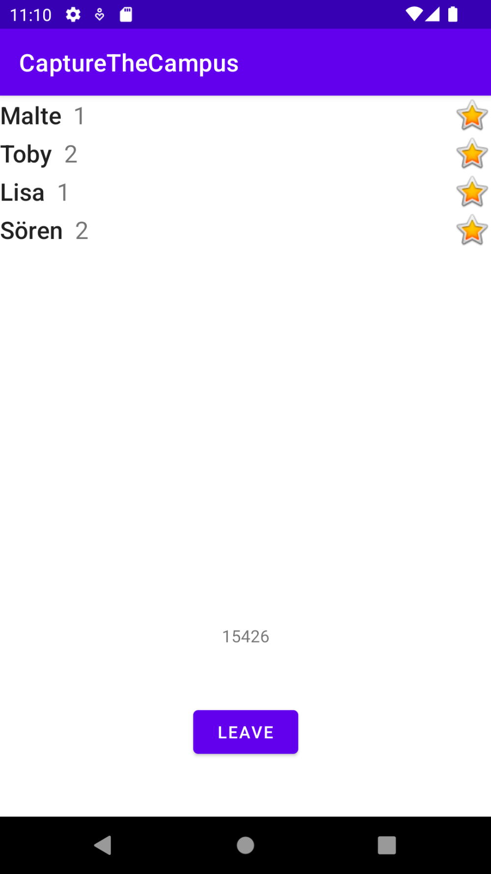 Screenshot von einem Smartphone, oben der Schriftzug &quot;CaptureTheCampus&quot;, darunter eine Liste mit Namen, Zahlen und Sternchen: Malte - 1; Toby - 2; Lisa - 1; Sören - 2