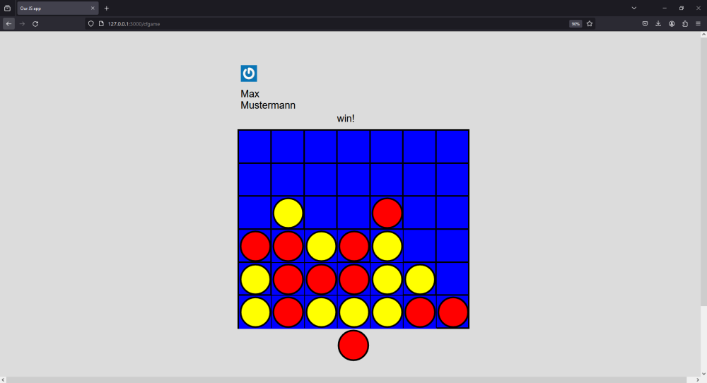 Screenshot eines digitalen &quot;Vier Gewinnt&quot;-Spiels: Ein blaues Raster mit Stapeln von roten und gelben Kreisen. Darüber steht: &quot;Max Mustermann. Win!&quot;