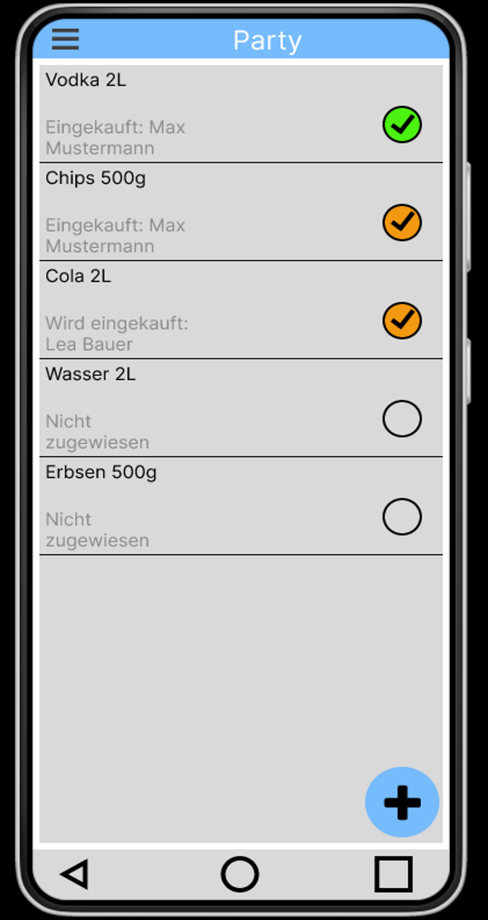 Smartphone-Screen mit einer App-Oberfläche. Oben der Schriftzug &quot;Party&quot;, darunter eine Einkaufsliste, auf der verschiedene Items grün, orange oder nicht angehakt sind.