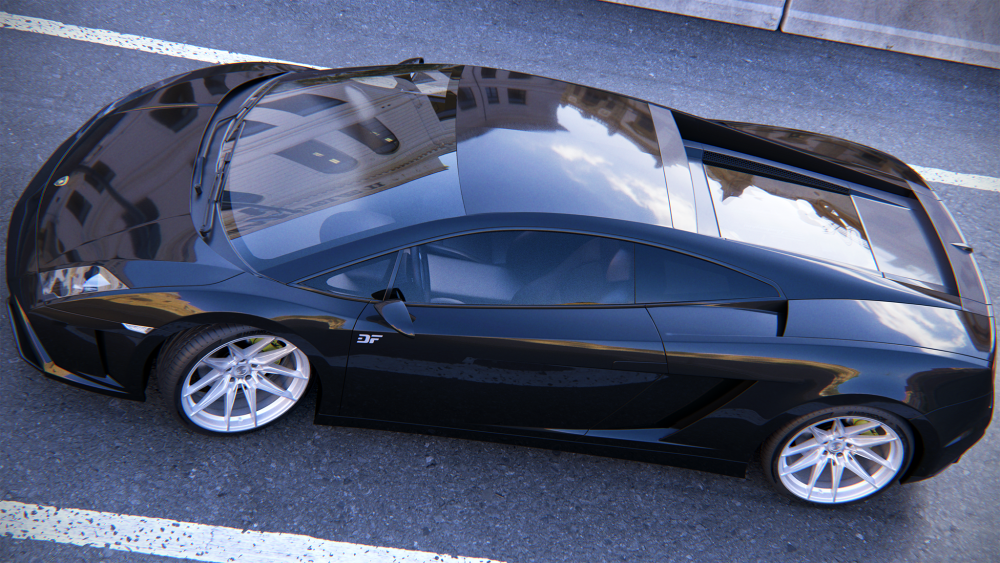 Lamborghini Gallardo aus einer TopDown-Perspektive mit angewinkelter Kamera, 2%Margin, Composit