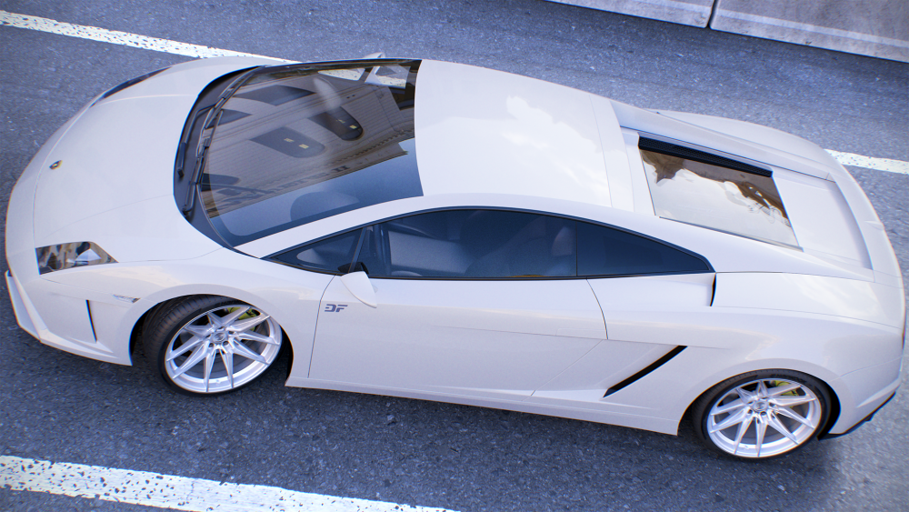 Lamborghini Gallardo aus einer TopDown-Perspektive mit angewinkelter Kamera, 2%Margin, Composit