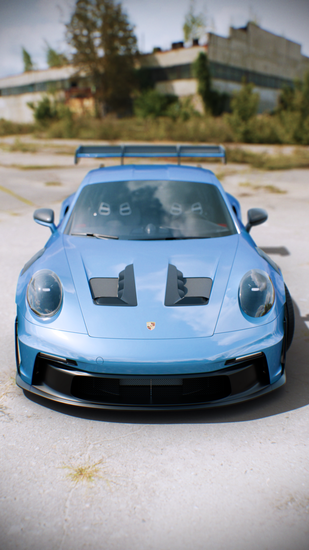 Porsche GT3 RS im Hochformat, 3% Margin, Photoshop-Composit