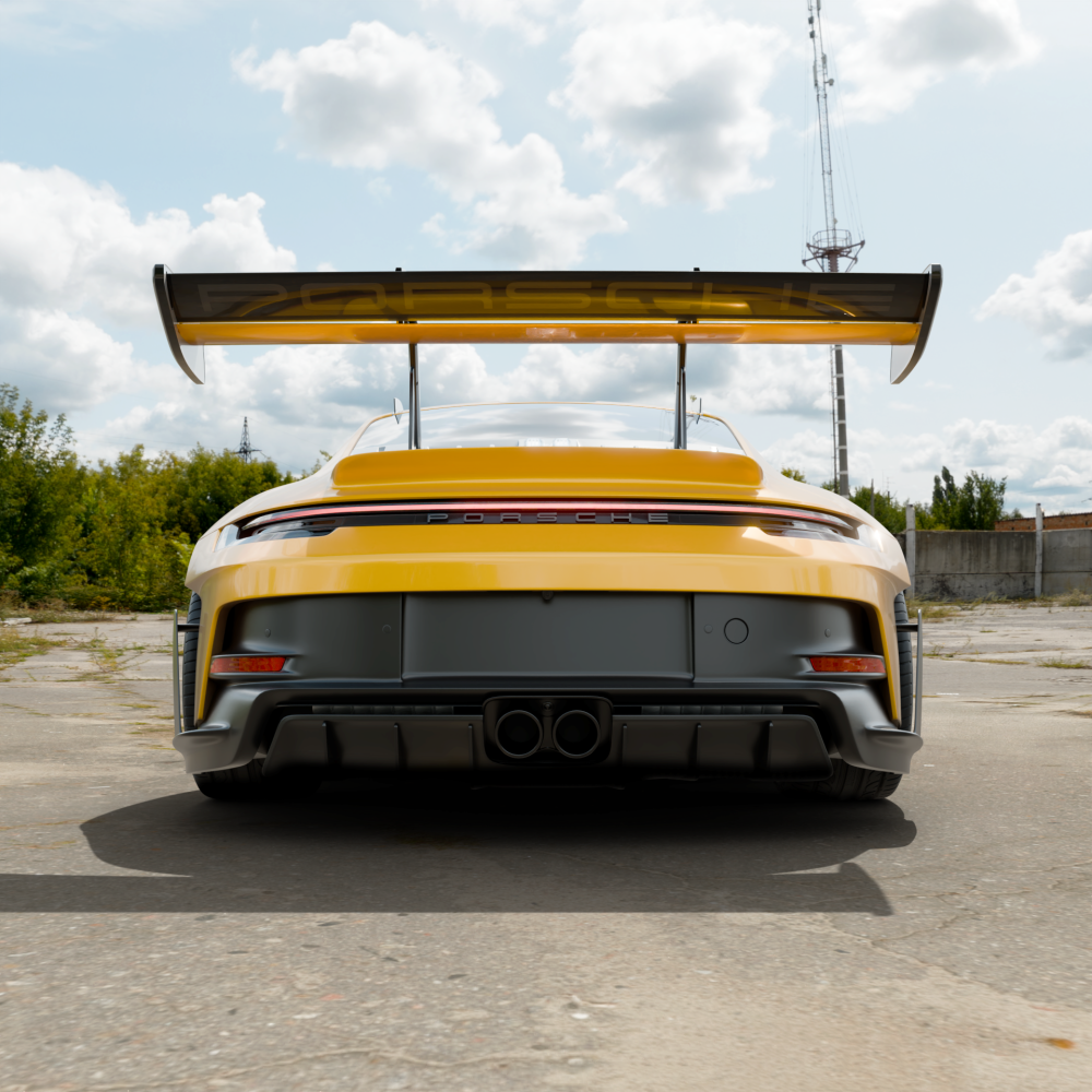 Porsche GT 3 RS aus einer bodennahen Heckansicht, 5% Margin mit der Boundingbox