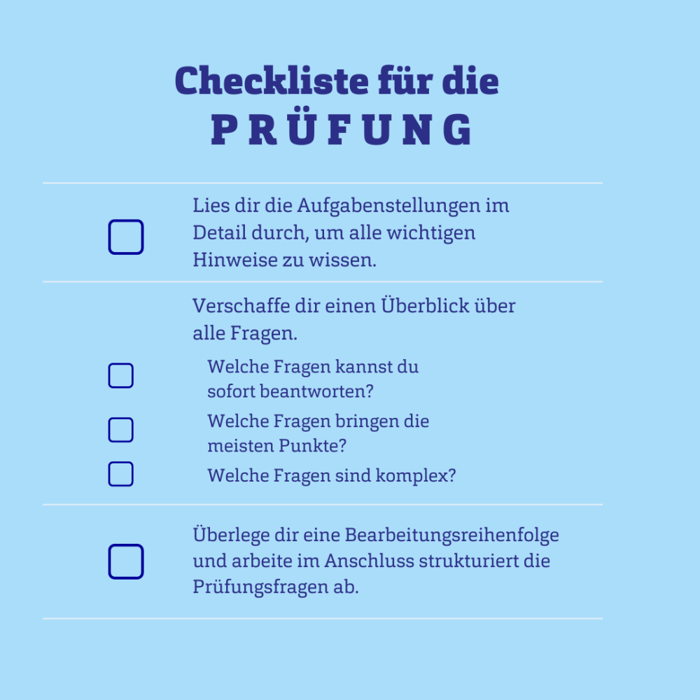 Grafik einer Checkliste mit der Überschrift &quot;Checkliste für die Prüfung&quot;