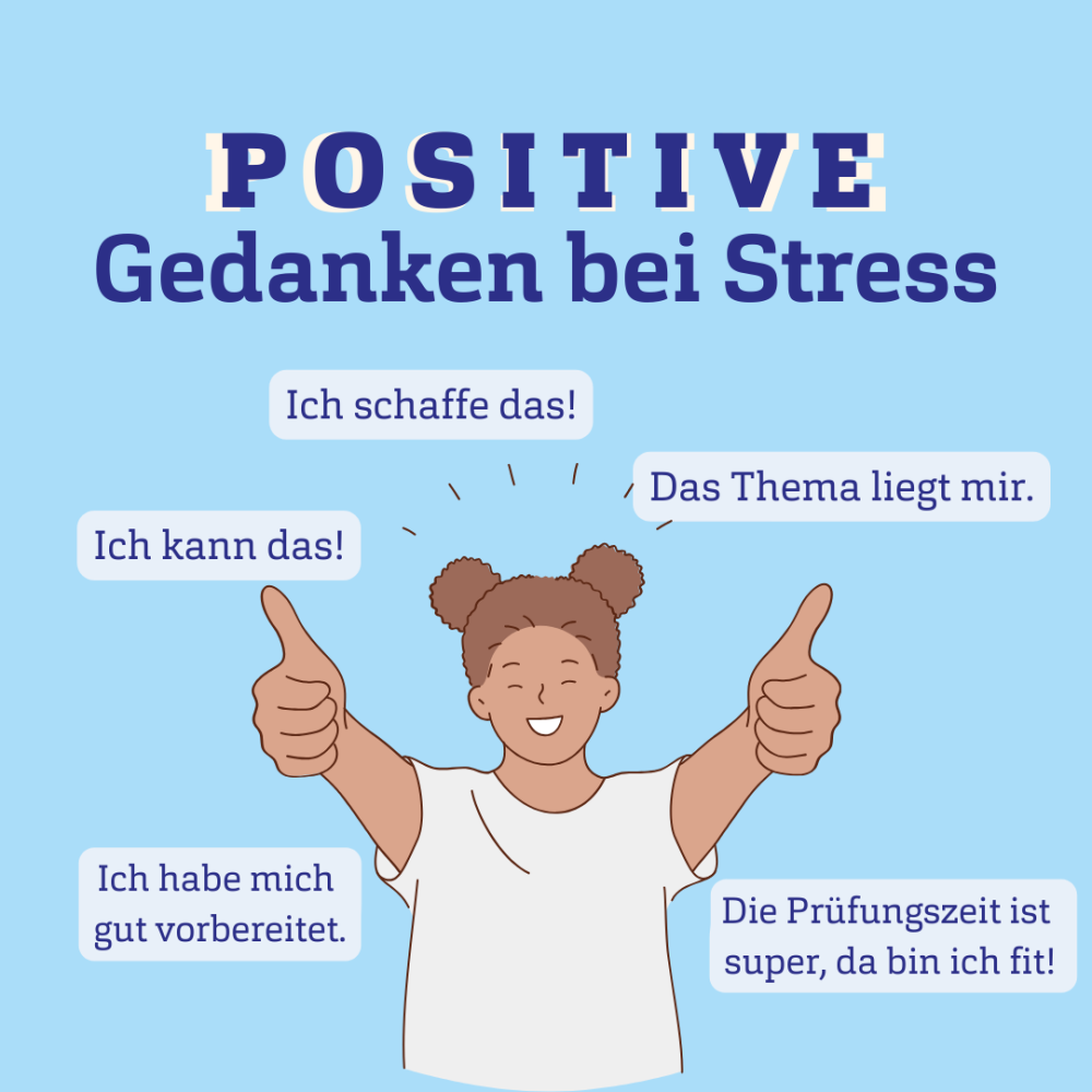 Grafik einer Person, die beide Daumen ausstreckt, mit der Überschrift &quot;Positive Gedanken bei Stress&quot;.
