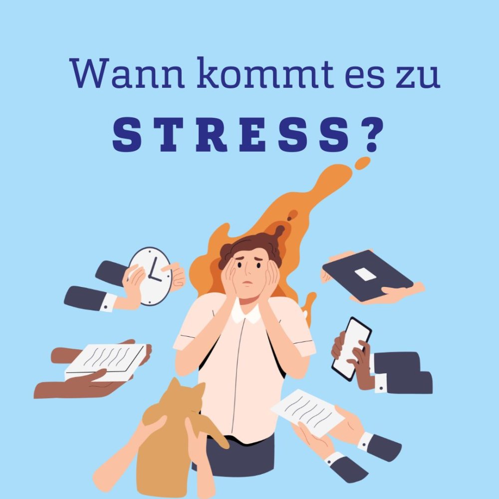 Grafik einer Person, die von zahlreichen Gegenständen umringt ist, mit der Überschrift &quot;Wann kommt es zu Stress?&quot;