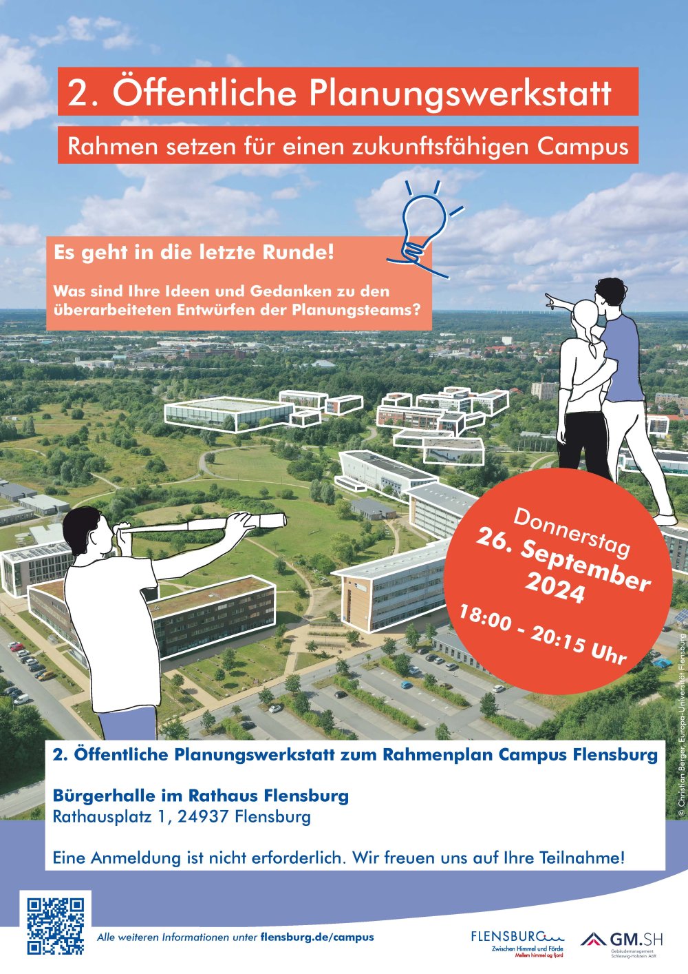 Veranstaltungsplakat: Luftbild des Flensburger Campus, dazu Überschrift &quot;2. Öffentliche Planungswerkstatt - Rahmen setzen für einen zukunftsfähigen Campus&quot; und weiterer Text.