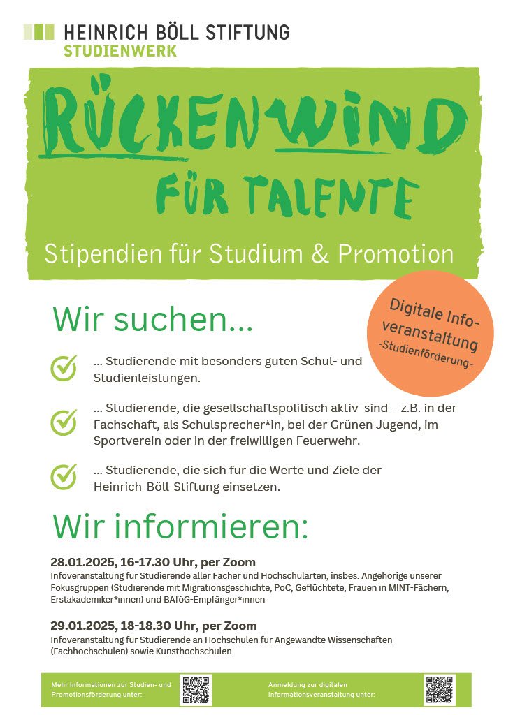 Flyer, in Grün und Orange gehalten. Oben die große Überschrift &quot;Rückenwind für Talente - Stipendien für Studium und Promotion&quot;, darunter weiterer Text zur Beschreibung des Stipendienangebots der Heinrich-Böll-Stiftung