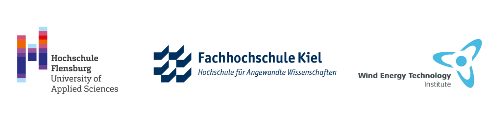 Die Logos der Hochschule Flensburg, der Fachhochschule Kiel und des Wind Energy Technology Institutes.