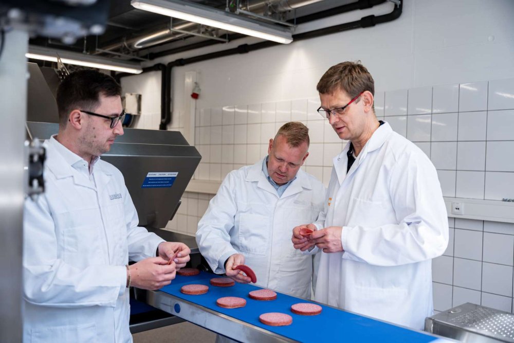 Drei Männer mittleren Alters in Laborkitteln stehen an einem Fließband und gegutachten die Aufschnittscheiben, die darauf liegen.