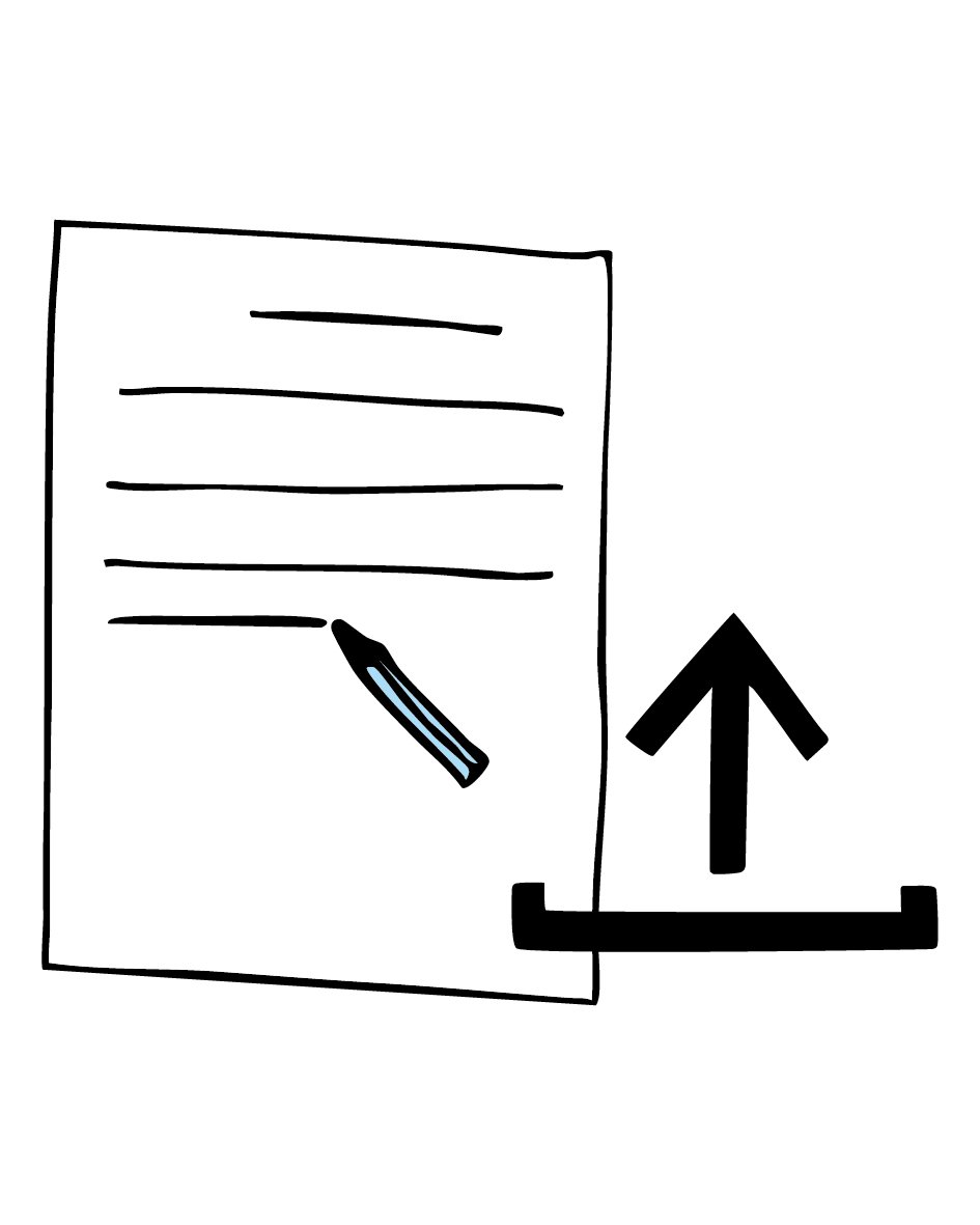 Auf der Grafik sind ein Dokument, mehrere auszufüllende Felder und ein Symbol für den Upload zu sehen – das steht für das Hochladen von Dokumenten auf die Website.